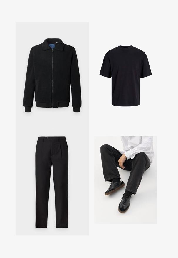 Veste en polaire noire avec fermeture éclair, col montant, poignets côtelés et poches latérales avec une surface texturée.; T-shirt en coton noir avec un col ras du cou, des manches courtes et une coupe décontractée. Texture lisse sans motifs ni accents visibles.; Pantalon noir en tissu texturé, avec une coupe droite, des plis devant et une fermeture à bouton unique à la taille.; Sneakers noirs avec un dessus lisse et texturé, dotés d'une semelle en caoutchouc et de lacets sombres. Associés à un jean noir et une chemise blanche à rayures.