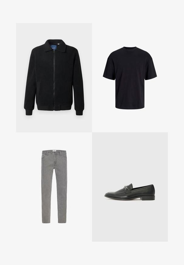 Črna flis jakna z zadrgo, stoječim ovratnikom, rebrastimi zapestji in stranskimi žepi s teksturirano površino.; Črna bombažna majica s krojačkom izrezom, kratkimi rokavi in sproščenim krojem. Gladka tekstura in brez vidnih vzorcev ali poudarkov.; Sive teksas hlače s ravnim krojem, ki imajo pet žepov, zanke za pas in zadrgo. Subtilna zbledela tekstura po vsej površini.; Črni usnjeni loafer z gladko površino, ki ima šivano zasnovo in dekorativni kovinski verižni naglas preko vampirja. Ravno peto.