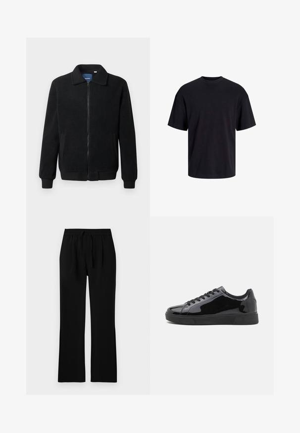 Veste en polaire noire avec fermeture éclair, col montant, poignets côtelés et poches latérales avec une surface texturée.; T-shirt en coton noir avec un col ras du cou, des manches courtes et une coupe décontractée. Texture lisse sans motifs ni accents visibles.; Pantalon noir à coupe décontractée, avec une taille élastique et un cordon de serrage. Texture lisse, jambes droites, sans poches visibles.; Baskets en cuir verni noir avec un bout rond, semelle en caoutchouc plate et lacets noirs. Texture lisse et brillante sur la surface supérieure.