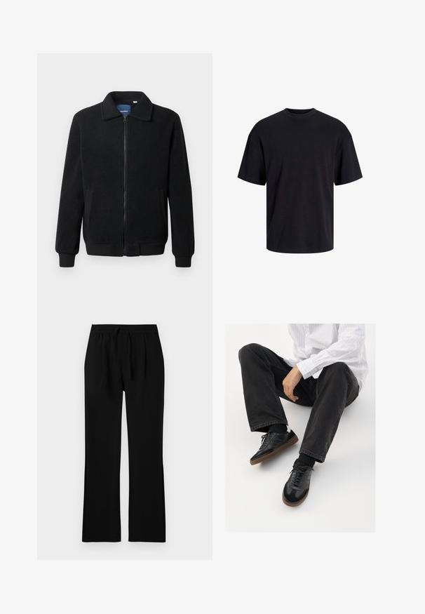 Čierna flísová bunda s uzáverom na zips, stojatým golierom, rebrovanými manžetami a bočnými vreckami s textúrovaným povrchom.; Čierne bavlnené tričko s okrúhlym výstrihom, krátkymi rukávmi a uvoľneným strihom. Hladká textúra bez viditeľných vzorov alebo akcentov.; Čierne nohavice s uvoľneným strihom, vybavené elastickým pásom a šnúrkou. Hladká textúra, rovné nohy, bez viditeľných vreciek.; Čierne tenisky s hladkým a textúrovaným zvrškom, s gumovou podrážkou a tmavými šnúrkami. Kombinované s čiernymi džínsami a bielo-prúžkovanou košeľou.