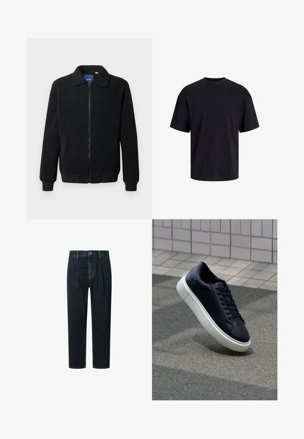 Juodas fliso džemperis su užtrauktuku, stovinčia apykakle, gumuotais rankogaliais ir šoninėmis kišenėmis, turinčiomis tekstūruotą paviršių.; Juodas medvilninis marškinėlis su apvaliu iškirpimu, trumpomis rankovėmis ir laisvu siluetu. Glotni tekstūra, be matomų raštų ar akcentų.; Tamsiai džinsiniai kelnės su laisvu siluetu, turinčios aukštą liemeni, klostes, priekinį mygtuko užsegimą ir auksinę kontrastingą siūlę.; Juodas odinis sportbačius su apvaliu pirštu ir baltu gumuotu padu. Turi plokščias raišteles ir minimalų siuvimą viršuje. Padangos tekstūra užtikrina sukibimą.