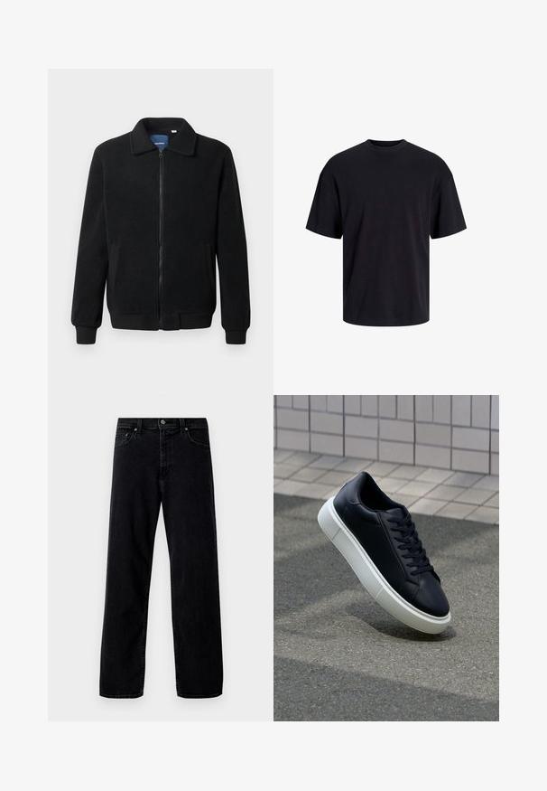 Juodas fliso džemperis su užtrauktuku, stovinčia apykakle, gumuotais rankogaliais ir šoninėmis kišenėmis, turinčiomis tekstūruotą paviršių.; Juodas medvilninis marškinėlis su apvaliu iškirpimu, trumpomis rankovėmis ir laisvu siluetu. Glotni tekstūra, be matomų raštų ar akcentų.; Hollister Co. Platūs džinsai - washed black; Juodas odinis sportbačius su apvaliu pirštu ir baltu gumuotu padu. Turi plokščias raišteles ir minimalų siuvimą viršuje. Padangos tekstūra užtikrina sukibimą.