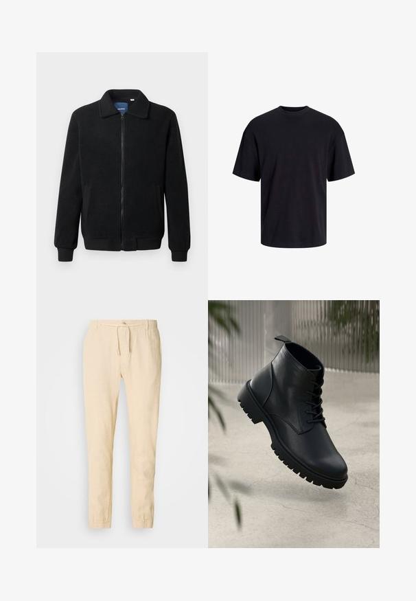 Črna flis jakna z zadrgo, stoječim ovratnikom, rebrastimi zapestji in stranskimi žepi s teksturirano površino.; Črna bombažna majica s krojačkom izrezom, kratkimi rokavi in sproščenim krojem. Gladka tekstura in brez vidnih vzorcev ali poudarkov.; Svetlo bež lanene hlače z vezanjem v pasu, ožjimi nogami in elastičnimi manšetami. Preprost dizajn z rahlo teksturo.; Črne usnjene gležnjarje z zaobljenim nosom, s vezalkami in trdim gumijastim podplatom. Gladka tekstura z zanko na hrbtni strani.