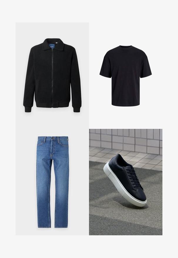Czarna polarowa kurtka z zamkiem błyskawicznym, stójką, ściągaczami przy mankietach oraz bocznymi kieszeniami o teksturowanej powierzchni.; Czarna bawełniana koszulka z okrągłym dekoltem, krótkimi rękawami i luźnym krojem. Gładka tekstura, bez widocznych wzorów czy akcentów.; Niebieskie dżinsy o prostym kroju nogawki, klasyczny pięciopocketowy design, miedziane przeszycia i przecierany odcień dla efektu zużycia.; Czarne skórzane sneakersy z okrągłym noskiem i białą gumową podeszwą. Posiadają płaskie sznurowadła i minimalne przeszycia na cholewce. Teksturowana podeszwa zapewnia przyczepność.