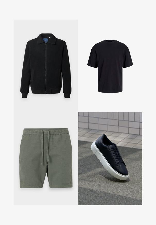 Black fleece jacket featuring a zip closure, stand collar, ribbed cuffs, and side pockets with a textured surface.; Black cotton t-shirt with a crew neckline, short sleeves, and a relaxed fit. Smooth texture and no visible patterns or accents.; Olive green shorts made of textured fabric, featuring an elastic waistband with adjustable drawstrings and a relaxed fit.; Black leather sneaker with rounded toe and white rubber sole. Features flat laces and minimal stitching on the upper. Textured sole for grip.