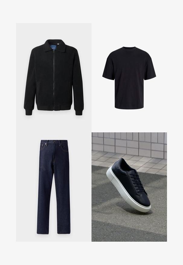 Black fleece jacket featuring a zip closure, stand collar, ribbed cuffs, and side pockets with a textured surface.; Black cotton t-shirt with a crew neckline, short sleeves, and a relaxed fit. Smooth texture and no visible patterns or accents.; Dark blue denim jeans with a straight-leg cut, five pockets, and subtle stitching details. Mid-rise waist with metal button and zipper closure.; Black leather sneaker with rounded toe and white rubber sole. Features flat laces and minimal stitching on the upper. Textured sole for grip.