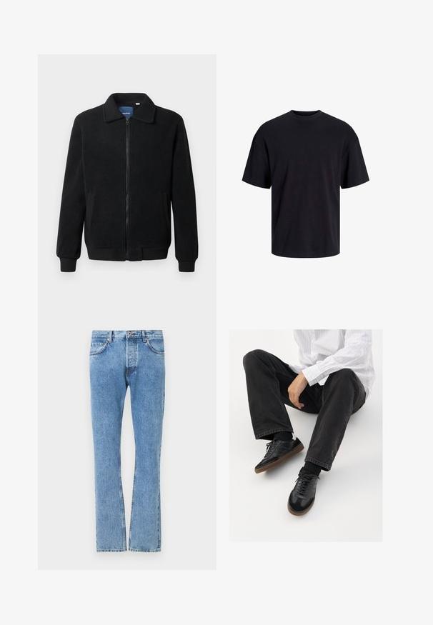 Musternahk fleece-jakk musternahaga, tõmblukk, seisev kaelus, soonikkoes varrukad ja küljetaskud tekstuurse pinnaga.; Must must on mustre, lühikeste varrukatega ja vabalt langev. Sile tekstuur ja ilma nähtavate mustrite või aktsentideta.; Heled sinise denimi sirge sääre lõikega teksapüksid, viie taskuga ja kontrastsete õmblusdetailidega. Standardne vöökoht nupu sulgemisega.; Mustad spordijalatsid siledast ja tekstuurilisest ülemisest osast, millel on kummist tald ja tumedad nöörid. Kombineeritud mustade teksade ja valge triibulise särgiga.