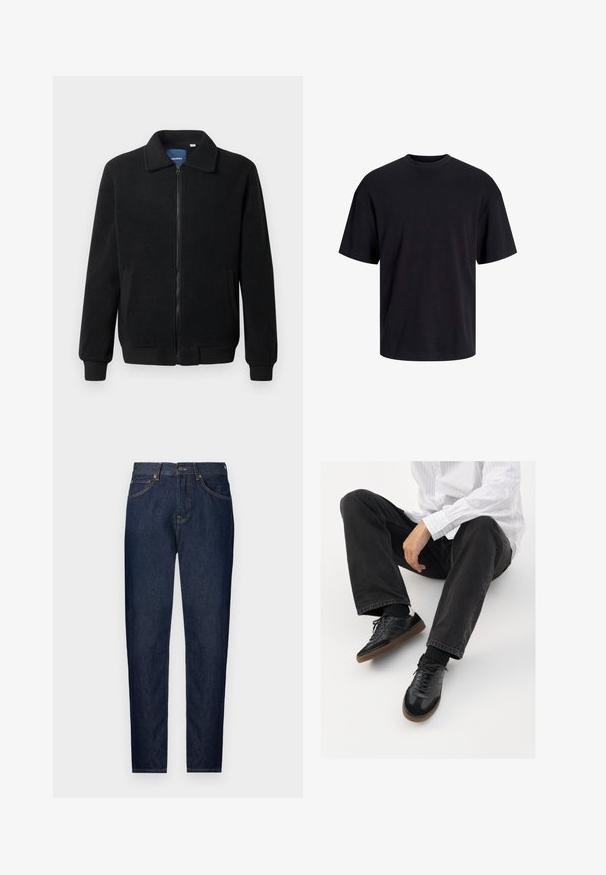 Zwarte fleece jas met een ritssluiting, staande kraag, ribgebreide manchetten en zijzakken met een textuur.; Zwarte katoenen t-shirt met een ronde halslijn, korte mouwen en een relaxte pasvorm. Glad textuur en geen zichtbare patronen of accenten.; Donkerblauwe spijkerbroek met een slim fit, voorzien van vijf zakken, een ritssluiting en contrasterende gouden stiksels. Gladde textuur met een klassiek ontwerp.; Zwarte sneakers met een glad en textuur detail, voorzien van een rubberen zool en donkere veters. Gecombineerd met zwarte jeans en een wit gestreept shirt.