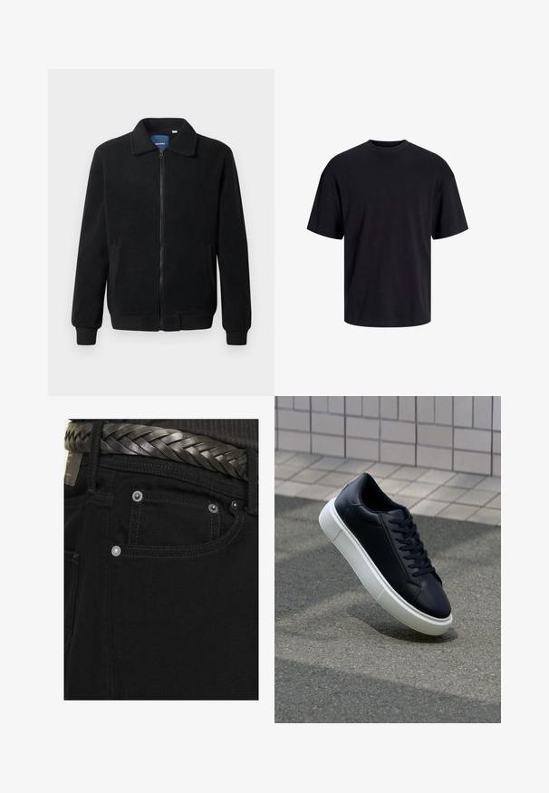 Czarna polarowa kurtka z zamkiem błyskawicznym, stójką, ściągaczami przy mankietach oraz bocznymi kieszeniami o teksturowanej powierzchni.; Czarna bawełniana koszulka z okrągłym dekoltem, krótkimi rękawami i luźnym krojem. Gładka tekstura, bez widocznych wzorów czy akcentów.; Jack & Jones JJIALEX JJORIGINAL czarny denim; Czarne skórzane sneakersy z okrągłym noskiem i białą gumową podeszwą. Posiadają płaskie sznurowadła i minimalne przeszycia na cholewce. Teksturowana podeszwa zapewnia przyczepność.