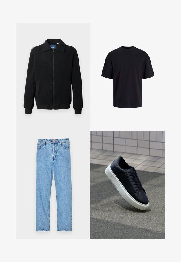 Juodas fliso džemperis su užtrauktuku, stovinčia apykakle, gumuotais rankogaliais ir šoninėmis kišenėmis, turinčiomis tekstūruotą paviršių.; Juodas medvilninis marškinėlis su apvaliu iškirpimu, trumpomis rankovėmis ir laisvu siluetu. Glotni tekstūra, be matomų raštų ar akcentų.; Šviesiai mėlynos džinsinės kelnės su tiesių kojų dizainu, penkių kišenių stiliumi, matomomis siūlėmis ir sagtys bei užtrauktuku.; Juodas odinis sportbačius su apvaliu pirštu ir baltu gumuotu padu. Turi plokščias raišteles ir minimalų siuvimą viršuje. Padangos tekstūra užtikrina sukibimą.
