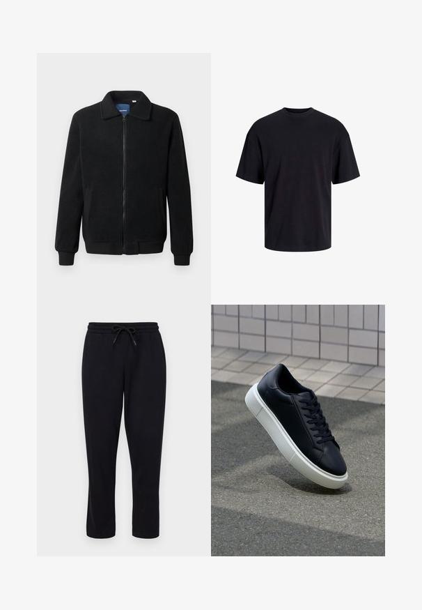 Musternahk fleece-jakk musternahaga, tõmblukk, seisev kaelus, soonikkoes varrukad ja küljetaskud tekstuurse pinnaga.; Must must on mustre, lühikeste varrukatega ja vabalt langev. Sile tekstuur ja ilma nähtavate mustrite või aktsentideta.; Only & Sons ONSCONNOR STRAIGHT PANTS - Dresside alumine osa - black; Mustast nahast tennisetoss, millel on ümar nina ja valge kummist tall. Omab siredaid paelu ja minimaalset õmblemist ülemises osas. Tekstuuriga tald, mis tagab haakuvuse.