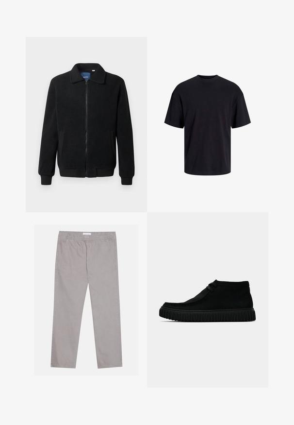 Sort fleecejakke med lynlås, opretstående krave, ribbede manchetter og sidelommer med en tekstureret overflade.; Sort bomulds t-shirt med rund hals, korte ærmer og en afslappet pasform. Glat tekstur uden synlige mønstre eller accenter.; Lys grå bomuldsbukser med elastisk talje, to sidelommer, lige ben design og en glat tekstur. Enkel syning detalje.; Sorte ankelstøvler lavet af blødt materiale, med rund tå, minimal snøring og en tekstureret gummisål med lodrette riller.