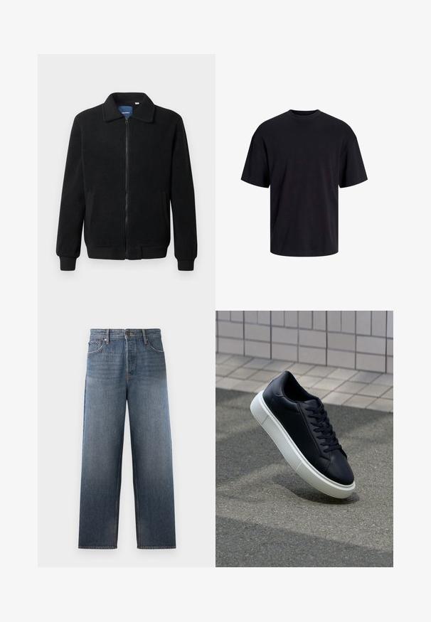 Chaqueta de forro polar negra con cierre de cremallera, cuello alzado, puños acanalados y bolsillos laterales con una superficie texturizada.; Camiseta de algodón negra con cuello redondo, mangas cortas y un ajuste relajado. Textura suave y sin patrones ni acentos visibles.; Jeans de denim en azul medio con un diseño de pierna recta, que cuentan con cinco bolsillos, un cierre de botón y cremallera, y efectos de desgaste sutiles.; Zapatilla de cuero negro con punta redonda y suela de goma blanca. Presenta cordones planos y un mínimo de costuras en la parte superior. Suela texturizada para proporcionar agarre.