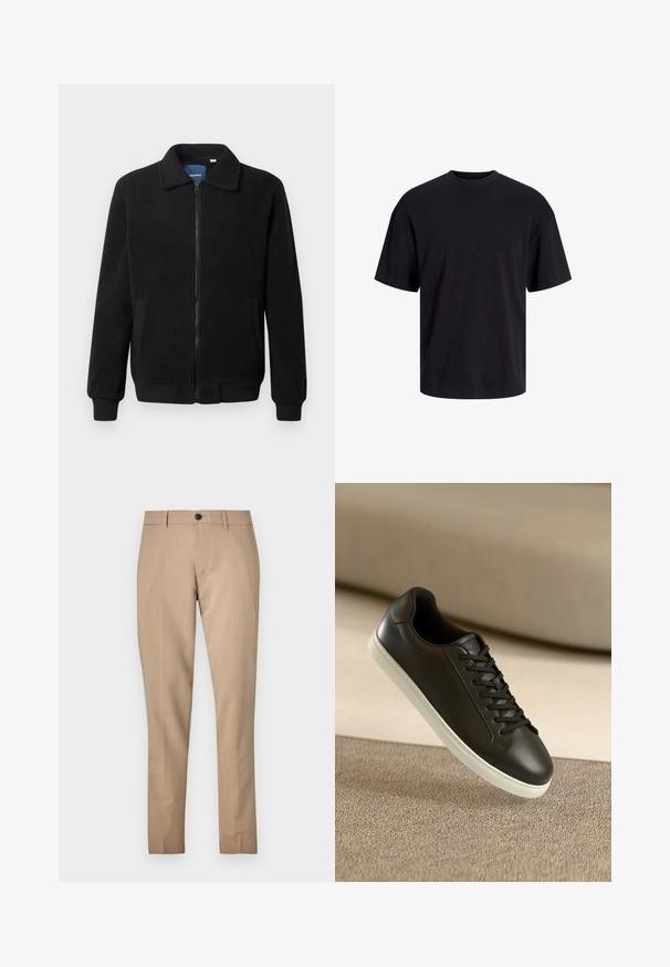 Crni flis jakna s zatvaranjem na zip, stojećim ovratnikom, rebrastim manžetama i bočnim džepovima s teksturiranom površinom.; Crna pamučna majica s okruglim izrezom, kratkim rukavima i opuštenim krojem. Glatka tekstura bez vidljivih uzoraka ili dekoracija.; Bež hlače krojene od glatkog materijala, s kopčanjem na gumb, petljama za pojas i slim-fit dizajnom s ravnim nogavicama.; Crne kožne tenisice s bijelim gumiranim potplatom i crnim vezicama, smještene na bež tkaninskoj površini i pozadini.