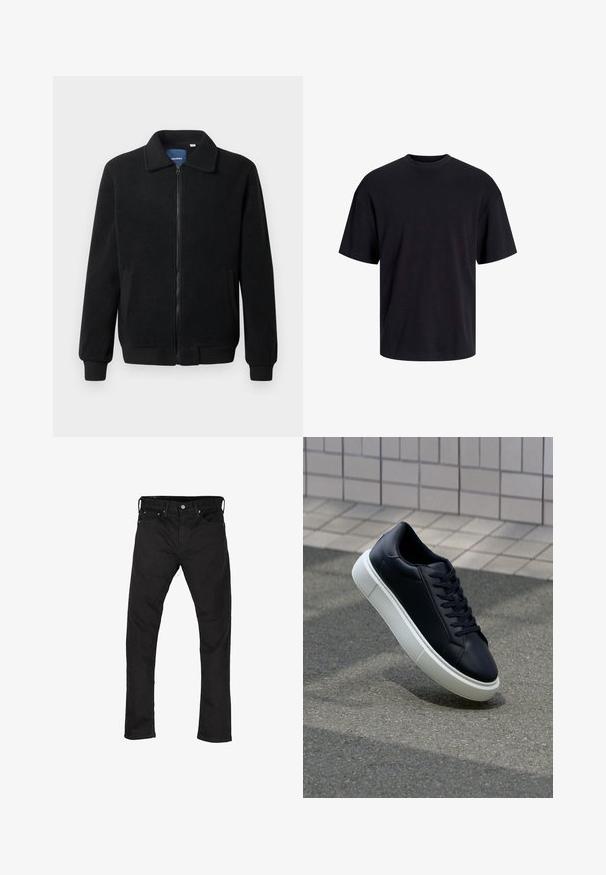 Crni flis jakna s zatvaranjem na zip, stojećim ovratnikom, rebrastim manžetama i bočnim džepovima s teksturiranom površinom.; Crna pamučna majica s okruglim izrezom, kratkim rukavima i opuštenim krojem. Glatka tekstura bez vidljivih uzoraka ili dekoracija.; Crne skinny traperice s pet džepova i kopčanjem na dugme, prikazane ravno na bijeloj pozadini.; Crne kožne tenisice s zaobljenim vrhom i bijelim gumiranim potplatom. Imaju ravne vezice i minimalno šivanje na gornjem dijelu. Teksturirani potplat za bolje prianjanje.