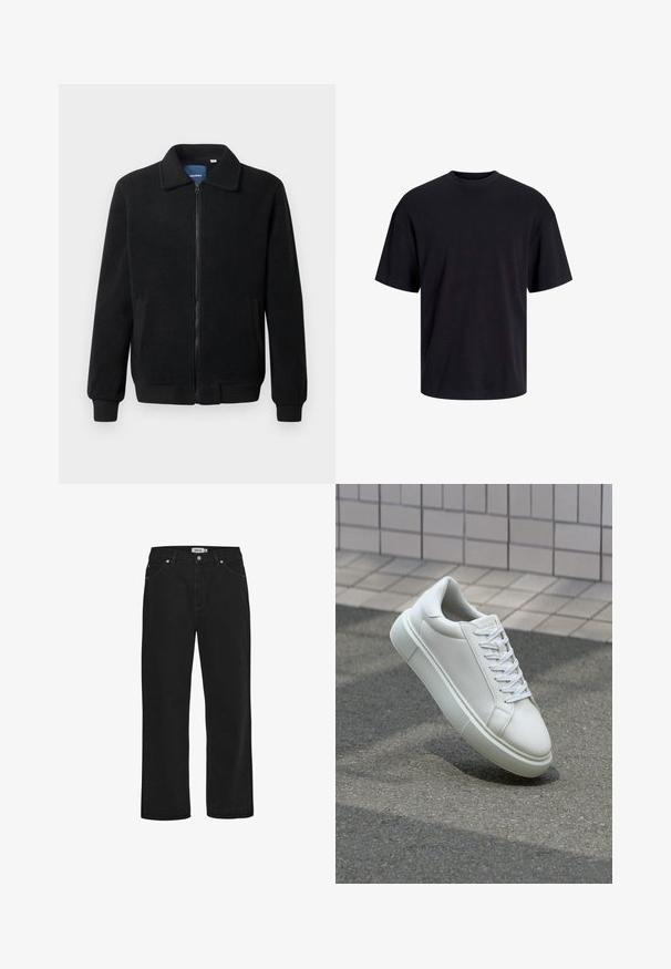 Black fleece jacket featuring a zip closure, stand collar, ribbed cuffs, and side pockets with a textured surface.; Black cotton t-shirt with a crew neckline, short sleeves, and a relaxed fit. Smooth texture and no visible patterns or accents.; Black denim jeans with a straight cut, five-pocket design, copper hardware accents, and a sturdy waistband. Smooth texture, unembellished style.; White leather sneaker with a smooth surface, round toe, and flat white laces. Features a textured rubber sole and minimal design elements.