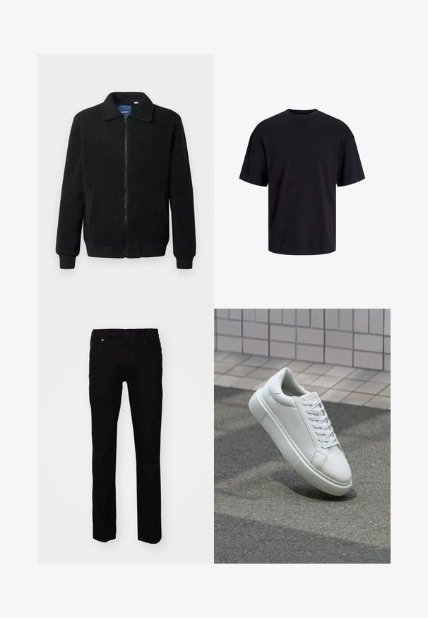Juodas fliso džemperis su užtrauktuku, stovinčia apykakle, gumuotais rankogaliais ir šoninėmis kišenėmis, turinčiomis tekstūruotą paviršių.; Juodas medvilninis marškinėlis su apvaliu iškirpimu, trumpomis rankovėmis ir laisvu siluetu. Glotni tekstūra, be matomų raštų ar akcentų.; Juodi džinsai su štampu, kurie yra siauri. Ypatybės: priekyje užsegamas mygtukas, diržo kilpos ir tradicinis penkių kišenių dizainas. Lygi tekstūra.; Balti odiniai sportbačiai su lygiu paviršiumi, apvalia nosimi ir plokščiomis baltomis raištelėmis. Yra tekstūruotas gumos padas ir minimalizmas dizaino elementuose.