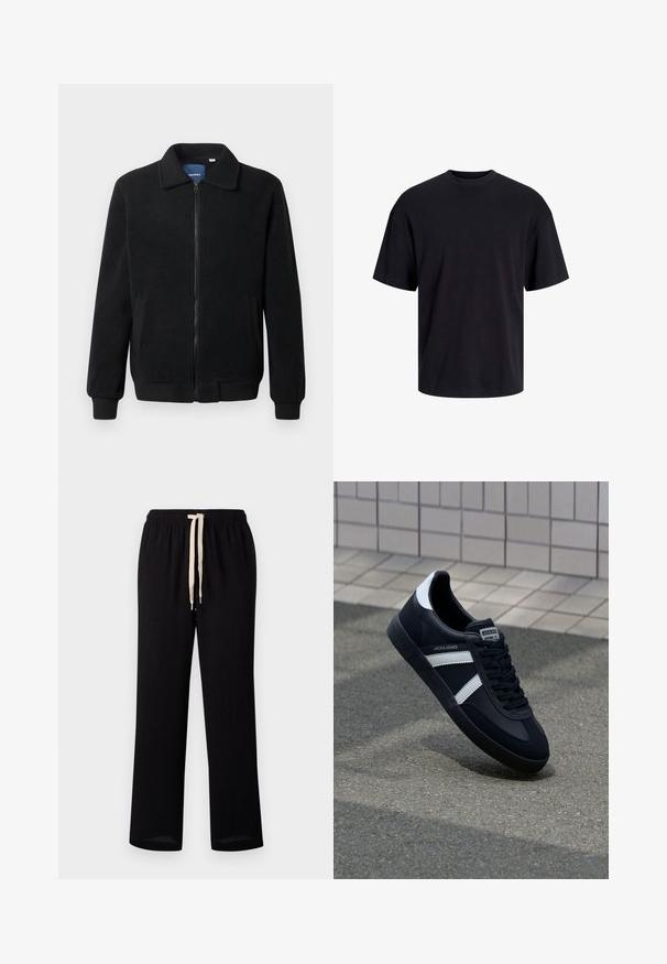 Veste en polaire noire avec fermeture éclair, col montant, poignets côtelés et poches latérales avec une surface texturée.; T-shirt en coton noir avec un col ras du cou, des manches courtes et une coupe décontractée. Texture lisse sans motifs ni accents visibles.; Pantalons noirs à enfiler avec une taille élastique, dotés d'un cordon de serrage crème contrastant. Design à jambe droite avec une texture lisse.; Sneaker en cuir noir avec des rayures blanches, semelle en caoutchouc texturée et devant à lacets. Présente une étiquette de marque sur la languette.