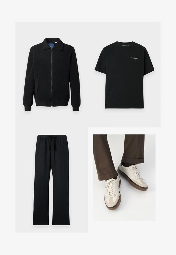 Črna flis jakna z zadrgo, stoječim ovratnikom, rebrastimi zapestji in stranskimi žepi s teksturirano površino.; Črna bombažna majica s kratkimi rokavi, krožnim ovratnikom in majhnim belim logotipom na zgornjem levem predelu prsnega koša. Gladka tekstura, sproščen kroj.; Črne, ohlapne hlače z elastičnim pasom in nastavljivo vrvico. Gladek material, ravna kroj in brez vzorcev.; Bež teniske z teksturiranim prednjim delom iz usnja, gladkimi kožnimi stranicami in rjavo gumijasto podplatom. Vključene vezalke in svetla šivana detajla.