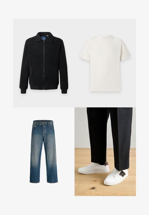 Musternahk fleece-jakk musternahaga, tõmblukk, seisev kaelus, soonikkoes varrukad ja küljetaskud tekstuurse pinnaga.; Valge lühikeste varrukatega T-särk ribakudumises. Ümar kaelus, mugav lõige, nähtavad mustrid ega aksessuaarid puuduvad. Lihtne ja mitmekesine disain.; Sinine teksapüksid, millel on mugav lõige, sirge sääre disain, peen kerge pleekimine ja brändi vööde tag, mis toob detaili esile.; Valged sneakersid siledat tekstuurist, millel on pruunad nahast detailid ja mustad aksessuaarid, millele on sobitatud mustad kohandatud püksid. Puitpõranda taust.