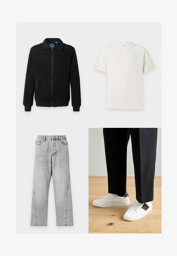 Musta fleece-takki, jossa on vetoketjulla suljettavat, pystykaulus, ribbireunat ja sivutaskut, joissa on teksturoitu pinta.; Valkoinen lyhythihainen T-paita ribbikuviossa. Pyöreä kaula-aukko, rento istuvuus, ei näkyviä kuvioita tai yksityiskohtia. Yksinkertainen ja monikäyttöinen muotoilu.; Harmaat farkut, joissa on leveät lahkeet ja korkea vyötärö, klassinen viiden taskun muotoilu sekä näkyvät ompelu yksityiskohdat.; Valkoiset tennarit, joissa on sileä pinta, ruskealla nahka-akentilla ja mustilla yksityiskohdilla, yhdistetty mustiin räätälöityihin housuihin. Taustalla puulattia.