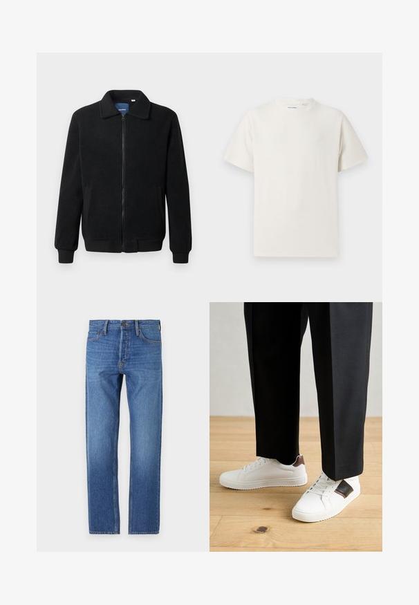Musta fleece-takki, jossa on vetoketjulla suljettavat, pystykaulus, ribbireunat ja sivutaskut, joissa on teksturoitu pinta.; Valkoinen lyhythihainen T-paita ribbikuviossa. Pyöreä kaula-aukko, rento istuvuus, ei näkyviä kuvioita tai yksityiskohtia. Yksinkertainen ja monikäyttöinen muotoilu.; Siniset farkut suoranlahkeisella leikkauksella, klassinen viiden taskun muotoilu, kuparinvärisiä tikkejä ja haalistunut pesu kuluneen ilmeen saamiseksi.; Valkoiset tennarit, joissa on sileä pinta, ruskealla nahka-akentilla ja mustilla yksityiskohdilla, yhdistetty mustiin räätälöityihin housuihin. Taustalla puulattia.