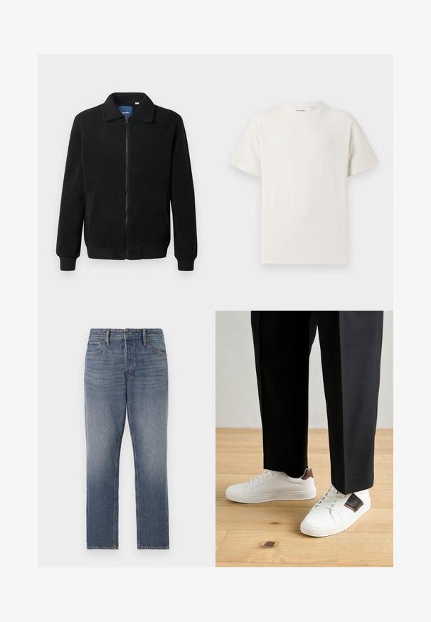 Musternahk fleece-jakk musternahaga, tõmblukk, seisev kaelus, soonikkoes varrukad ja küljetaskud tekstuurse pinnaga.; Valge lühikeste varrukatega T-särk ribakudumises. Ümar kaelus, mugav lõige, nähtavad mustrid ega aksessuaarid puuduvad. Lihtne ja mitmekesine disain.; Tumed sinine denim, sirge jala disain, millel on pleekinud pesu, viis taskut ja vasktooni riistvara. Puhtalt klassikaline välimus.; Valged sneakersid siledat tekstuurist, millel on pruunad nahast detailid ja mustad aksessuaarid, millele on sobitatud mustad kohandatud püksid. Puitpõranda taust.