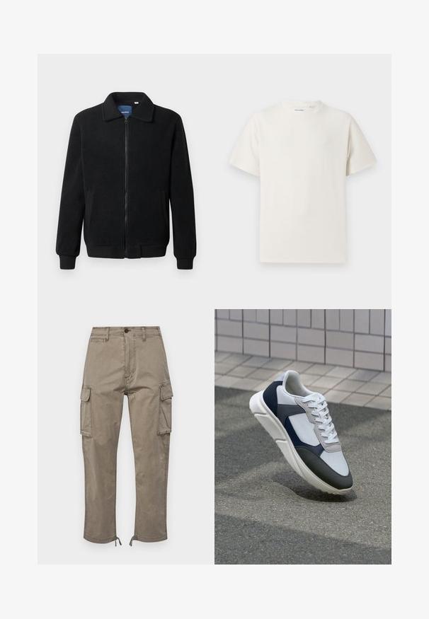 Schwarze Fleecejacke mit Reißverschluss, Stehkragen, gerippten Bündchen und seitlichen Taschen mit strukturiertem Oberflächenmaterial.; Weißes T-Shirt mit kurzen Ärmeln in gerippter Textur. Runder Ausschnitt, lockere Passform, keine sichtbaren Muster oder Akzente. Einfaches und vielseitiges Design.; Cargo-Hosen in einem gedämpften Taupe-Ton, aus Baumwolle gefertigt, verfügen über Seitentaschen, einen geraden Schnitt und verstellbare Säume mit Kordelzügen.; Weißer, marineblauer und grauer Sneaker mit einem Materialmix-Design, das ein strukturiertes Obermaterial, flache Schnürsenkel und eine gepolsterte Sohle aufweist.