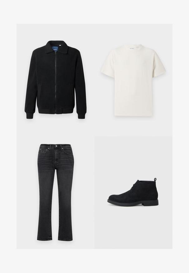 Musternahk fleece-jakk musternahaga, tõmblukk, seisev kaelus, soonikkoes varrukad ja küljetaskud tekstuurse pinnaga.; Valge lühikeste varrukatega T-särk ribakudumises. Ümar kaelus, mugav lõige, nähtavad mustrid ega aksessuaarid puuduvad. Lihtne ja mitmekesine disain.; Mustad denim teksad sirge jala, nupuga sulgemine, viis taskut, diskreetne pleekimine ja standardne õmblusdetail kogu ulatuses.; Must have nahkasaapad, millel on ümar nina, nööridega disain ja tekstureeritud kummitald. Tagaküljel on väike tõmbenöör.