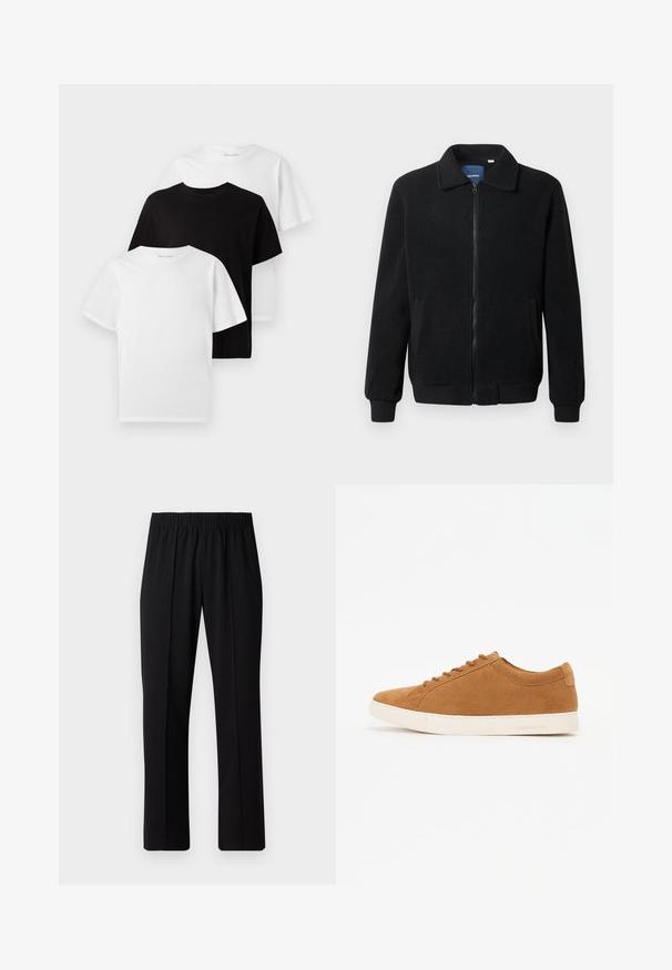 Black fleece jacket featuring a zip closure, stand collar, ribbed cuffs, and side pockets with a textured surface.; Three crew neck t-shirts: one black and two white. Short sleeves, classic fit, made from cotton with a smooth texture.; Black, elastic-waist trousers with a straight-leg design, featuring a smooth texture and no visible patterns or hardware.; Brown suede sneakers with a low-top design, white rubber sole, and round toe. Features matching laces and minimal branding on the heel.