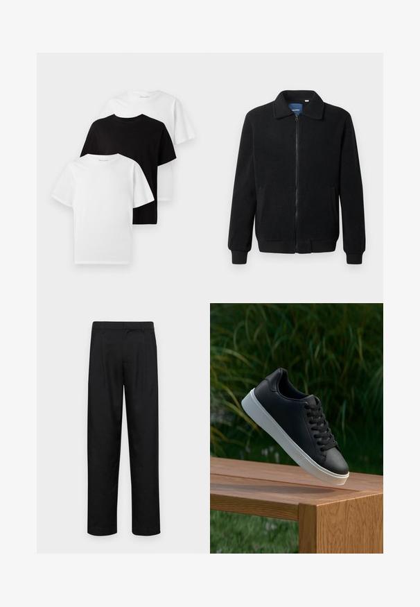 Fekete bolyhos dzseki cipzárral, állógallérral, bordázott mandzsettákkal és oldalzsebekkel, textúrált felülettel.; Három kereknyakú póló: egy fekete és kettő fehér. Rövid ujjak, klasszikus fazon, pamutból készült, sima textúrával.; Fekete nadrág sima anyagból, egyenes szárú fazonnal, két elülső redővel és közönséges derékkal, övhurkokkal.; Fekete bőr sportcipő sima textúrával, fehér gumitalppal és hat lukkal a fűzőknek, amely egy fa felületen van bemutatva.