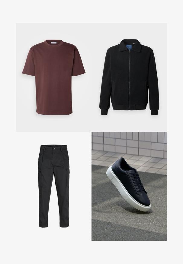 Črna flis jakna z zadrgo, stoječim ovratnikom, rebrastimi zapestji in stranskimi žepi s teksturirano površino.; Lindbergh O NECK TEE OVERSIZE - Navadna majica - berry brown; Črne cargo hlače iz trdnega blaga, ki imajo več žepov, gumbasto zapiranje in ozek kroj z zožanimi nogami.; Črne usnjene superge z zaobljenim prstom in belim gumijastim podplat. Imajo ravne vezalke in minimalno šivanje na zgornjem delu. Teksturirani podplat za oprijem.