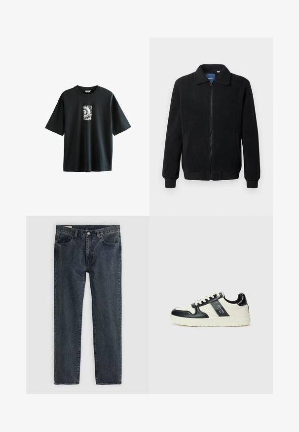 Veste en polaire noire avec fermeture éclair, col montant, poignets côtelés et poches latérales avec une surface texturée.; Next JAPANESE SURF GRAPHIC - T-shirt imprimé - black; Jean en denim bleu foncé avec une coupe droite, cinq poches et une fermeture à bouton. Le tissu présente une légère décoloration et texture.; Baskets en cuir avec un schéma de couleurs noir et crème, dotées d'accents perforés, d'un col rembourré et d'une semelle texturée.