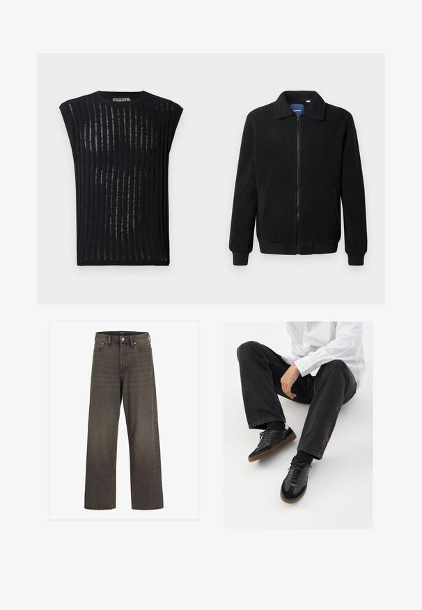 Sort fleecejakke med lynlås, opretstående krave, ribbede manchetter og sidelommer med en tekstureret overflade.; Sort kortærmet top lavet af letvægtsstof med lodrette striber. Har en rund halsudskæring og en tætsiddende silhuet.; Bredde ben jeans i mørkegrå denim med høj talje, klassisk fem-lommer design og kontrasterende syninger langs sømmene.; Sorte sneakers med en glat og tekstureret overdel, der har en gummisål og mørke snørebånd. Bæret sammen med sorte jeans og en hvid stribet skjorte.