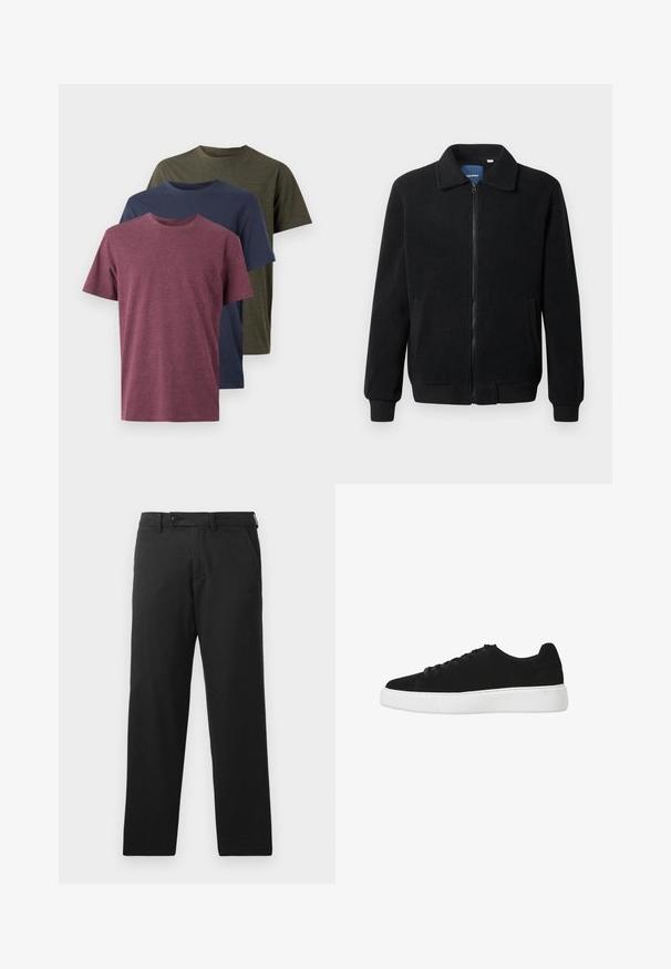 Sort fleecejakke med lynlås, opretstående krave, ribbede manchetter og sidelommer med en tekstureret overflade.; Tre bomulds t-shirts vist: bordeaux, navy og oliven grøn. Rund hals design, korte ærmer og en blød, struktureret finish.; Sorte bukser lavet af en bomuldsblandingsstof, der har et lige ben-design, en knaplukning og synlige sidelommer.; Sorte ruskinds sneakers med rund tå, snørebånd foran og hvid gummisål. Enkel design med minimale detaljer og glat overflade.