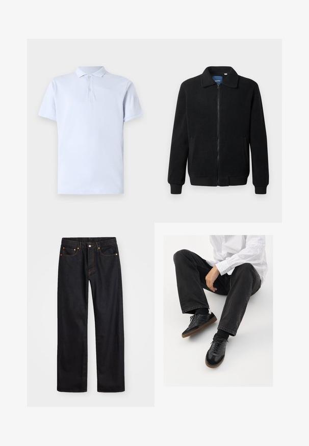 Czarna polarowa kurtka z zamkiem błyskawicznym, stójką, ściągaczami przy mankietach oraz bocznymi kieszeniami o teksturowanej powierzchni.; Jasnoniebieska koszulka polo wykonana z bawełny, z klasycznym kołnierzykiem, krótkimi rękawami, zapięciem na dwa guziki i gładką fakturą.; Męskie jeansy w prostym kroju, czarne, z pięcioma kieszeniami oraz pomarańczowymi strefami, z zapięciem na guzik i zamek z przodu w pasie.; Czarne sneakersy z gładką i textured cholewką, z gumową podeszwą i ciemnymi sznurowadłami. Połączone z czarnymi dżinsami i bluzką w białe paski.