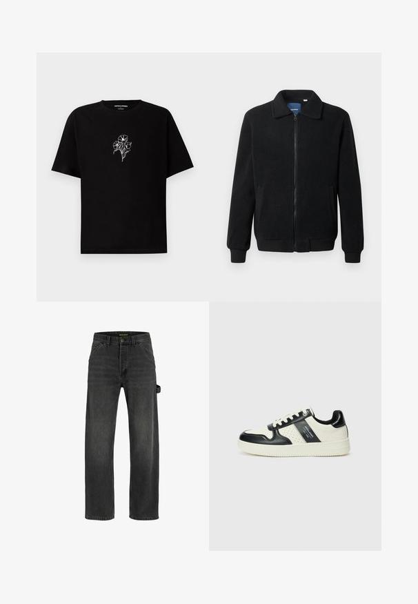 Black fleece jacket featuring a zip closure, stand collar, ribbed cuffs, and side pockets with a textured surface.; Black cotton t-shirt with a crew neck and short sleeves. Features white floral embroidery on the chest. Soft texture, relaxed fit.; Dark gray denim jeans with a straight cut, five pockets, a metal button closure, and a side strap detail.; Leather sneakers with a black and cream color scheme, featuring perforated accents, a padded collar, and a textured outsole.