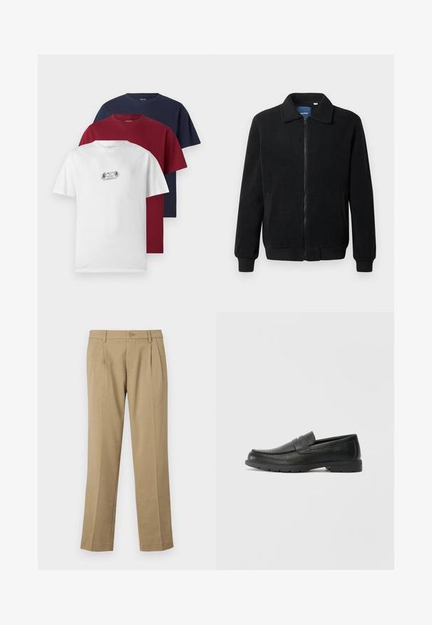 Schwarze Fleecejacke mit Reißverschluss, Stehkragen, gerippten Bündchen und seitlichen Taschen mit strukturiertem Oberflächenmaterial.; Drei kurzärmelige T-Shirts in Weiß, Burgunder und Marineblau. Jedes hat einen Rundhalsausschnitt und besteht aus weichem Baumwollstoff, wobei das weiße T-Shirt eine kleine Grafik zeigt.; Helle Hosen aus glattem Stoff, mit zwei vorderen Falten, einem Knopfverschluss und geraden Beinen mit einem sauberen Saum.; Schwarze Lederloafers mit glatter Oberfläche, Mokassin-oberteil, genähten Details und Gummisohle. Klassisches Design mit niedrigem Absatz.