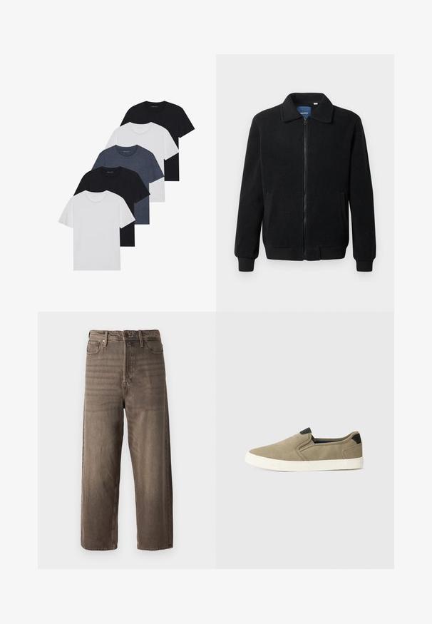 Črna flis jakna z zadrgo, stoječim ovratnikom, rebrastimi zapestji in stranskimi žepi s teksturirano površino.; Set petih majic v črni, beli in mornarsko modri barvi. Bombažni material, kratki rokavi, krojen vrh z okroglim izrezom ter enostavno teksturo brez vzorcev.; Rjavi široki traper hlače. Imajo zadrgo, zanke za pas in pet žepov. Tkanina ima zbledel in teksturiran videz.; Taupe natikače z zgornjim delom iz teksturiranega materiala, kontrastnim črnim petnim delom in belim gumijastim podplatom. Luknjana zasnova za zračnost.