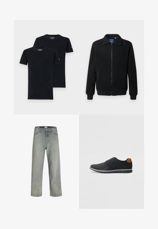 Zwarte fleece jas met een ritssluiting, staande kraag, ribgebreide manchetten en zijzakken met een textuur.; Twee zwarte katoenen t-shirts met korte mouwen en een v-hals ontwerp, met een label aan de halslijn en een klein logo op de mouw.; Lichtgrijze, loszittende spijkerbroeken van denim. Beschikt over een klassiek vijf-pocket ontwerp, riemlussen en een rechte pijp silhoët.; Zwarte synthetische schoenen met een gestructureerde bovenkant, gladde accenten, bruine hak en een contrasterende zool. Bevat minimale veters en stikdetails.