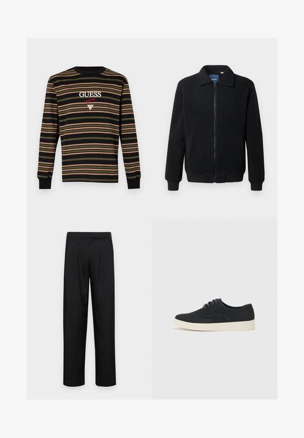 Crni flis jakna s zatvaranjem na zip, stojećim ovratnikom, rebrastim manžetama i bočnim džepovima s teksturiranom površinom.; Majica dugih rukava s prugicama u crnoj, maslinasto zelenoj i ružičastoj boji. Ima izvezeni "GUESS" i trokutasti logo na prsima. Mekana tkanina.; Crne hlače od glatkog materijala, s dizajnom ravnih nogavica, dva prednja nabora i standardnim pojasom s petljama za remen.; Crne nubuk cipele s vezicama i okruglim nosom, lagana kremasta srednja podrška i suptilni plavi šavovi na gornjem dijelu.