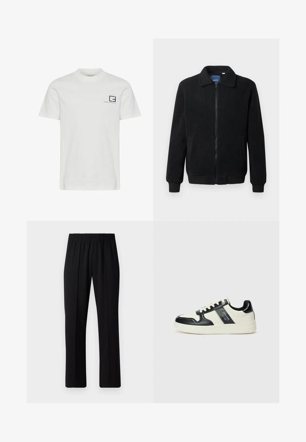 Svart fleece jakke med glidelås, høy krage, ribbestrikkede mansjetter og sidelommer med strukturert overflate.; Hvit t-skjorte i bomull med rund hals og korte ermer. Har en marineblå grafisk logo og tekst på venstre brystområde.; Svart, elastisk midjebukser med rett ben-design, med en glatt tekstur og uten synlige mønstre eller maskinvare.; Lædersneakers med sort og creme farveskema, der har perforerede detaljer, en polstret krave og en struktureret ydersål.