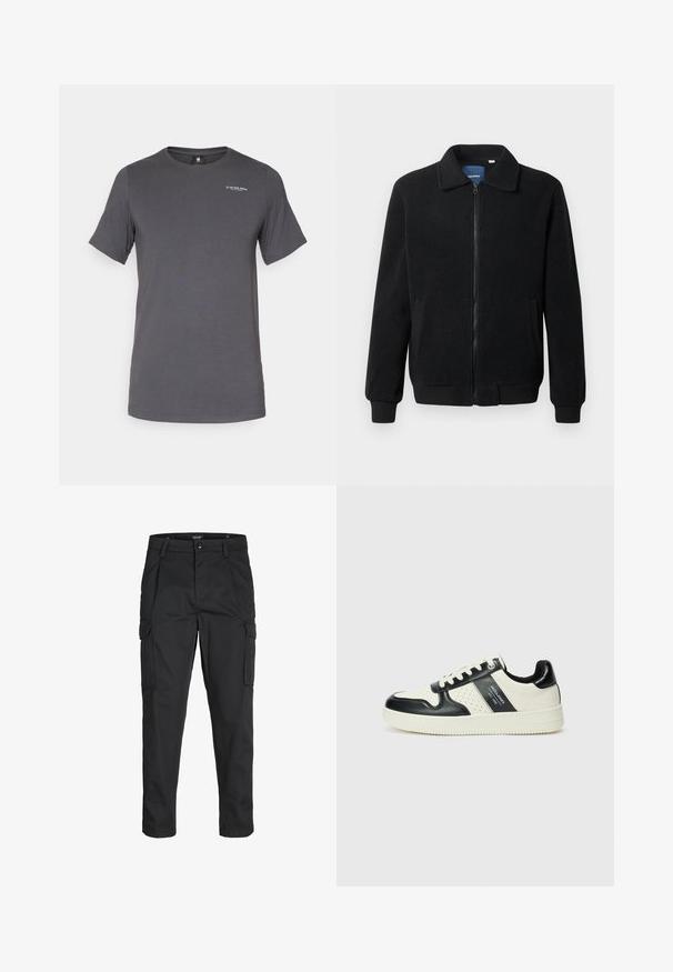 Čierna flísová bunda s uzáverom na zips, stojatým golierom, rebrovanými manžetami a bočnými vreckami s textúrovaným povrchom.; Sivá polokošeľa s krátkym rukávom vyrobená z hladkej látky. Má okrúhly výstrih a malú potlač loga na ľavej strane hrudníka.; Čierne cargo nohavice z odolnej látky, s viacerými vreckami, gombíkovým zapínaním a úzkym strihom so zúženými nohavicami.; Kožené tenisky v čierno-krémovej farbe, s perforovanými akcentmi, polstrovaným golierom a štruktúrovanou podrážkou.