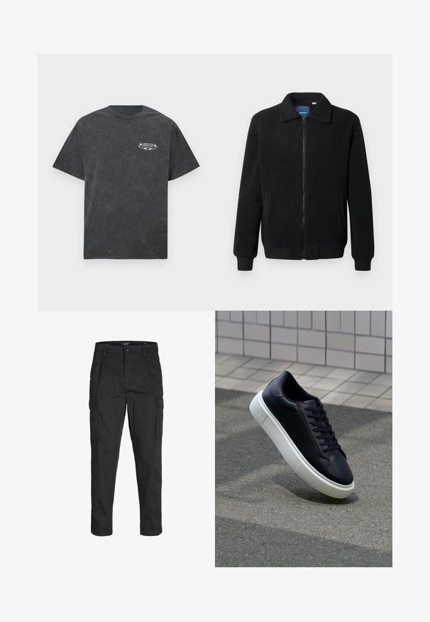 Musternahk fleece-jakk musternahaga, tõmblukk, seisev kaelus, soonikkoes varrukad ja küljetaskud tekstuurse pinnaga.; Söe halli lühikeste varrukatega T-särk, mille vasakul rinnal on väike valge "Nike SB" logo ja graafika.; Mustad mustapõlvik, mis on valmistatud tugeva koe kasutades, sisaldab mitmeid taskuid, nupule kinnitatav sulgemine ja kitsenev disain.; Mustast nahast tennisetoss, millel on ümar nina ja valge kummist tall. Omab siredaid paelu ja minimaalset õmblemist ülemises osas. Tekstuuriga tald, mis tagab haakuvuse.