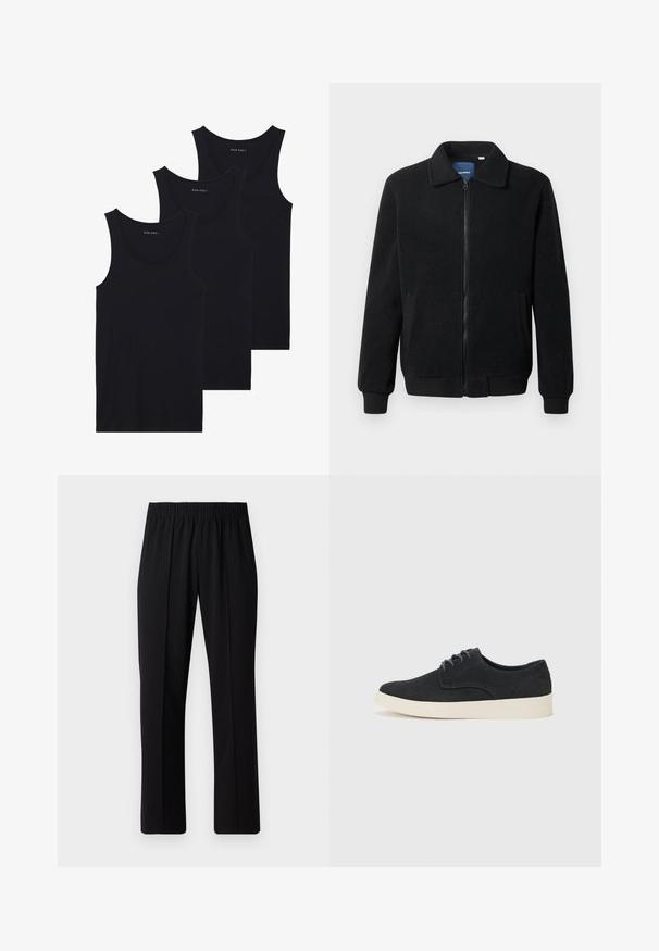 Sort fleecejakke med lynlås, opretstående krave, ribbede manchetter og sidelommer med en tekstureret overflade.; Tre sorte bomulds tanktops med ribbet tekstur, med rund halsudskæring og uden ærmer, stablet pænt.; Sorte bukser med elastisk talje og lige ben, der har en glat tekstur og ingen synlige mønstre eller hardware.; Sort ruskind snørebåndssko med rund tå, let cremefarvet sål og diskrete blå sy-accents på overdelen.