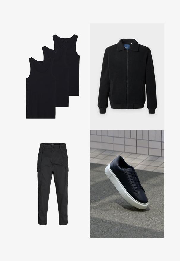 Crni flis jakna s zatvaranjem na zip, stojećim ovratnikom, rebrastim manžetama i bočnim džepovima s teksturiranom površinom.; Tri crna pamučna majica bez rukava s rebrastom teksturom, okruglim izrezom, uredno složene.; Crne cargo hlače izrađene od čvrstog materijala, s brojnim džepovima, kopčanjem na gumb i dizajnom koji pomaže da se prilagode tijelu sa suženim nogavicama.; Crne kožne tenisice s zaobljenim vrhom i bijelim gumiranim potplatom. Imaju ravne vezice i minimalno šivanje na gornjem dijelu. Teksturirani potplat za bolje prianjanje.