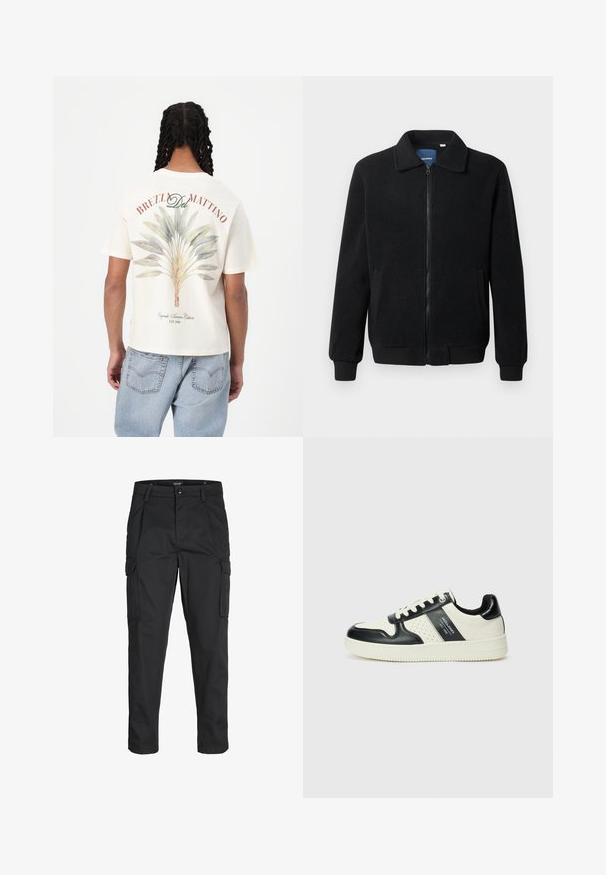 Musternahk fleece-jakk musternahaga, tõmblukk, seisev kaelus, soonikkoes varrukad ja küljetaskud tekstuurse pinnaga.; Lühikeste varrukatega kreemita teksasärk, mille seljaosas on roheline ja sinine lehemuster ning punane tekst "BREZL Del MATTINO" selle kohal.; Mustad mustapõlvik, mis on valmistatud tugeva koe kasutades, sisaldab mitmeid taskuid, nupule kinnitatav sulgemine ja kitsenev disain.; Nahatud nahkkingad musta ja kreemi värviskeemiga, millel on perforeeritud aktsendid, pehme krae ja tekstureeritud tallad.