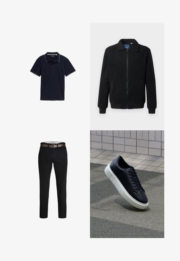 Černá fleecová bunda s zipovým uzávěrem, stojáčkem, vroubkovanými manžetami a bočními kapsami s texturovaným povrchem.; Námořnická modrá polo košile vyrobená z bavlny, s klasickým límcem, tříknoflíkovou légou a kontrastním světle šedým lemováním na límci a rukávech.; Černé bavlněné kalhoty s rovný fit, doplněné hnědým koženým pásem a hladkou texturou. Jednoduchý design, bez viditelných vzorů nebo akcentů.; Černé kožené tenisky s kulatou špičkou a bílou gumovou podrážkou. mají ploché tkaničky a minimální šití na svršku. Texturovaná podrážka pro lepší přilnavost.