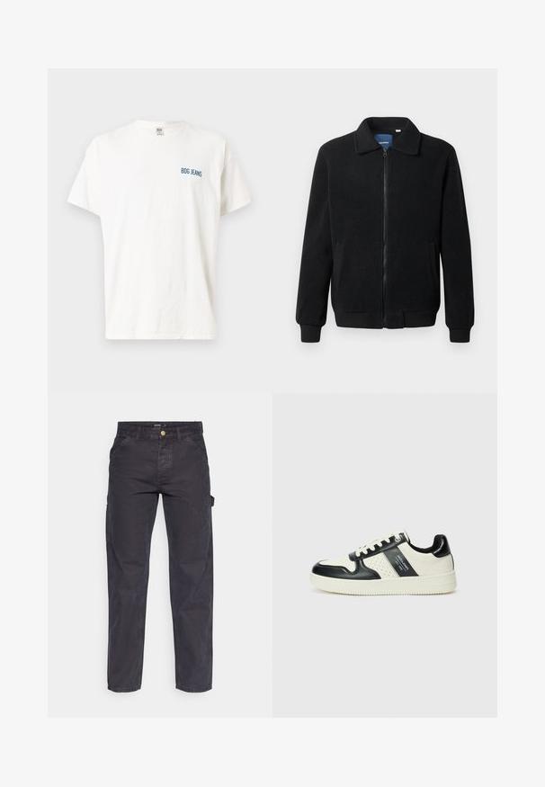 Chaqueta de forro polar negra con cierre de cremallera, cuello alzado, puños acanalados y bolsillos laterales con una superficie texturizada.; Camiseta de algodón blanca con mangas cortas, que presenta un pequeño logo azul "BDG JEANS" en el lado izquierdo del pecho. Diseño de cuello redondo estándar.; Pantalones cargo de color gris oscuro, confeccionados con un tejido duradero, que presentan un corte recto, cinco bolsillos y un cierre de botón en la cintura.; Zapatillas de cuero con un esquema de colores negro y crema, que cuentan con acentos perforados, un collar acolchado y una suela texturizada.