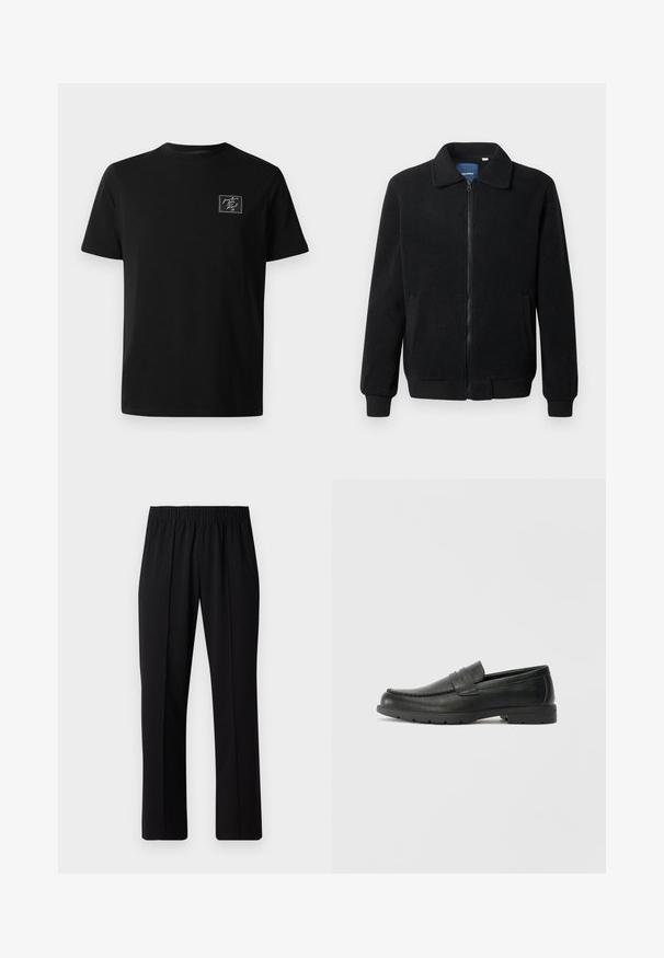 Svart fleece jakke med glidelås, høy krage, ribbestrikkede mansjetter og sidelommer med strukturert overflate.; Svart kortermet t-skjorte med rund hals og en liten hvit brodert lapp på venstre bryst som sier "fra Paris kjærlighet, Karl xx."; Svart, elastisk midjebukser med rett ben-design, med en glatt tekstur og uten synlige mønstre eller maskinvare.; Svart skinnloafers med glatt finish, mokkasin-stil overdel, broderte detaljer og gummisåle. Klassisk design med lav hæl.